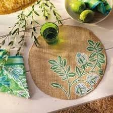 Set de table rond en toile de jute brodée feuillage — vue 1