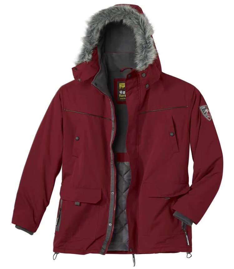Burgundy parka jacket with faux fur hood — vue 1